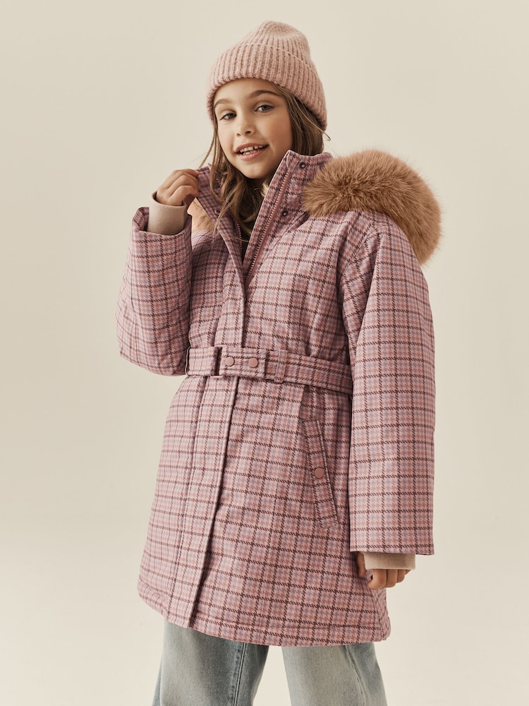 Pink Check Waterproof Belted Padded Coat (3-16yrs) - Image 1 of 10 Pink Check Waterproof Belted Padded Coat (3-16yrs) - Image 1 of 10