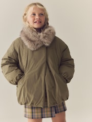 Khaki Green Shower Resistant Oversized Bomber Jacket with Faux Fur Collar (3-16yrs) - Image 2 of 3