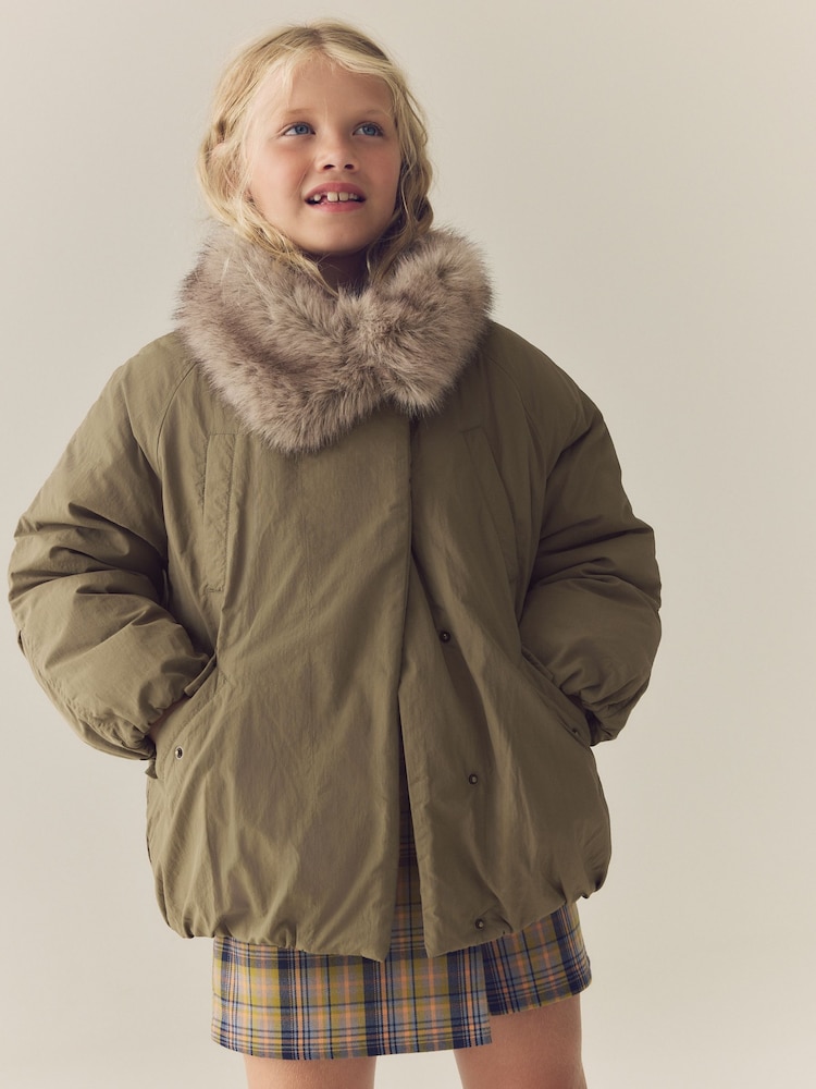 Khaki Green Shower Resistant Oversized Bomber Jacket with Faux Fur Collar (3-16yrs) - Image 2 of 3 Khaki Green Shower Resistant Oversized Bomber Jacket with Faux Fur Collar (3-16yrs) - Image 2 of 3