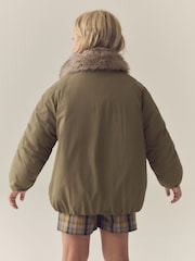 Khaki Green Shower Resistant Oversized Bomber Jacket with Faux Fur Collar (3-16yrs) - Image 3 of 3