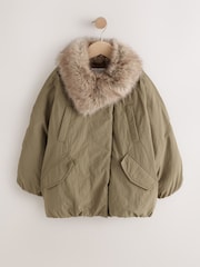 Khaki Green Shower Resistant Oversized Bomber Jacket with Faux Fur Collar (3-16yrs) - Image 4 of 8