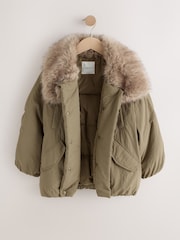 Khaki Green Shower Resistant Oversized Bomber Jacket with Faux Fur Collar (3-16yrs) - Image 5 of 8