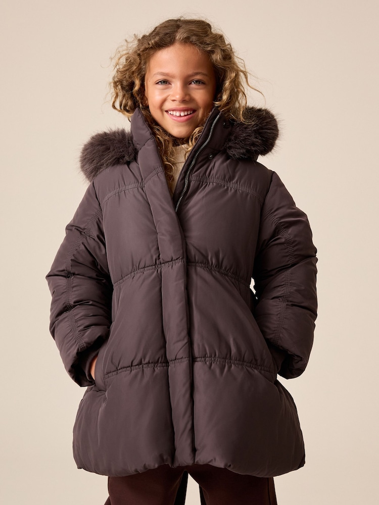 Charcoal Grey Shirred Sleeve Shower Resistant Padded Coat (3-16yrs) - Image 1 of 10 Charcoal Grey Shirred Sleeve Shower Resistant Padded Coat (3-16yrs) - Image 1 of 10