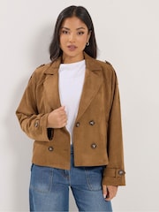 PixieGirl Petite Brown Suedette Cropped Trench Coat - Image 2 of 6