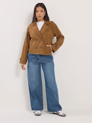 PixieGirl Petite Brown Suedette Cropped Trench Coat - Image 3 of 6