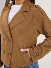 PixieGirl Petite Brown Suedette Cropped Trench Coat - Image 5 of 6