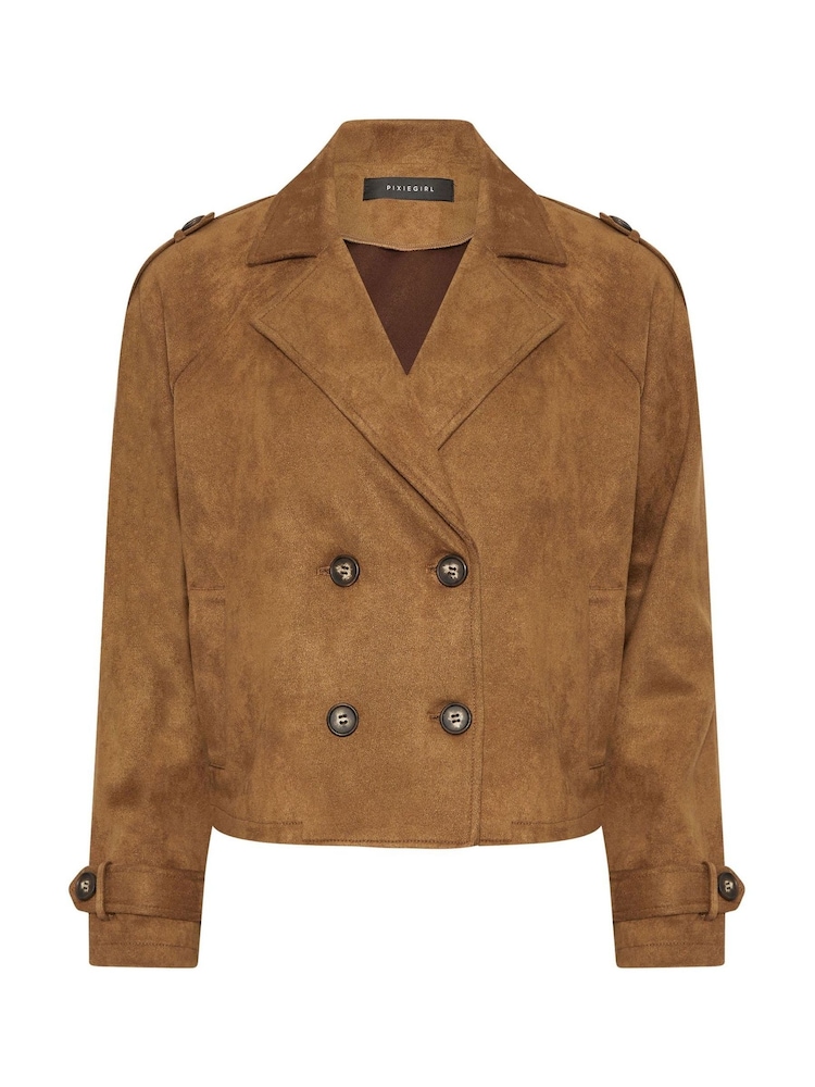 PixieGirl Petite Brown Suedette Cropped Trench Coat - Image 6 of 6