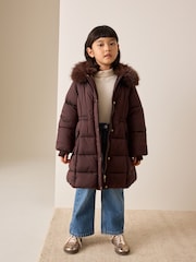 Chocolate Brown Faux Fur Collar Padded Shower Resistant Coat (3-16yrs) - Image 1 of 12