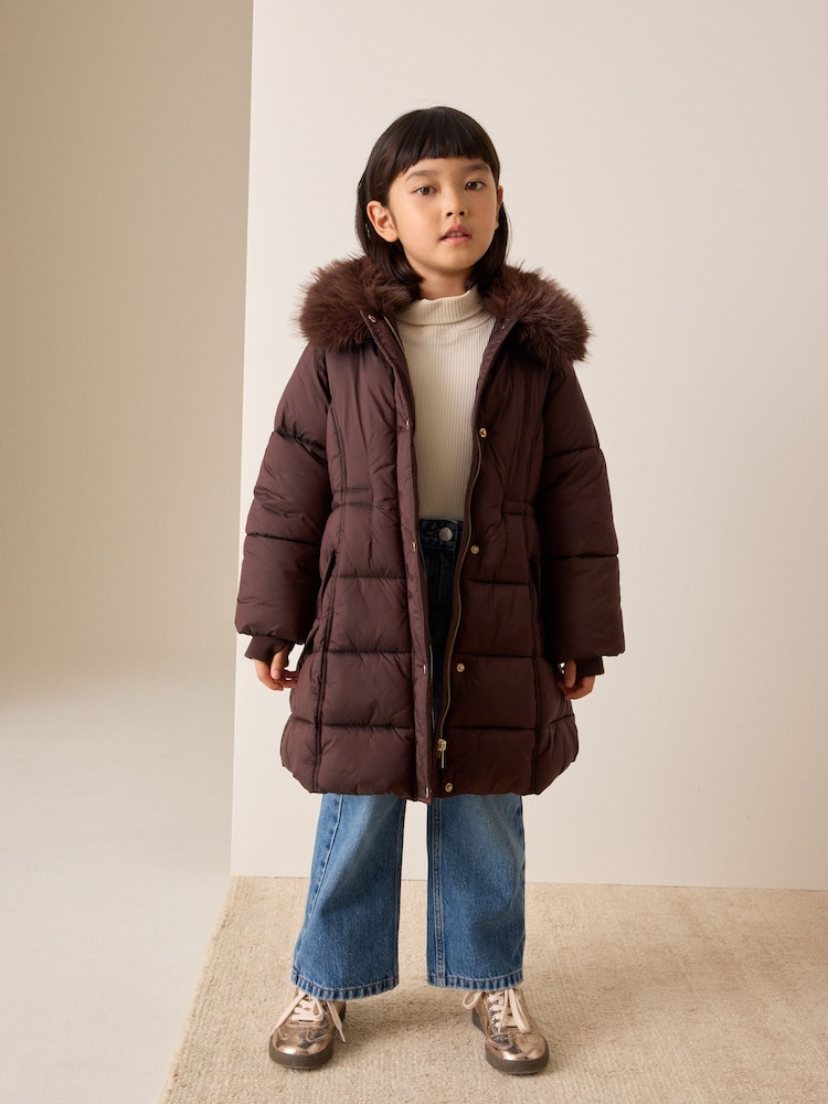 Chocolate Brown Faux Fur Collar Padded Shower Resistant Coat (3-16yrs) - Image 1 of 12 Chocolate Brown Faux Fur Collar Padded Shower Resistant Coat (3-16yrs) - Image 1 of 12