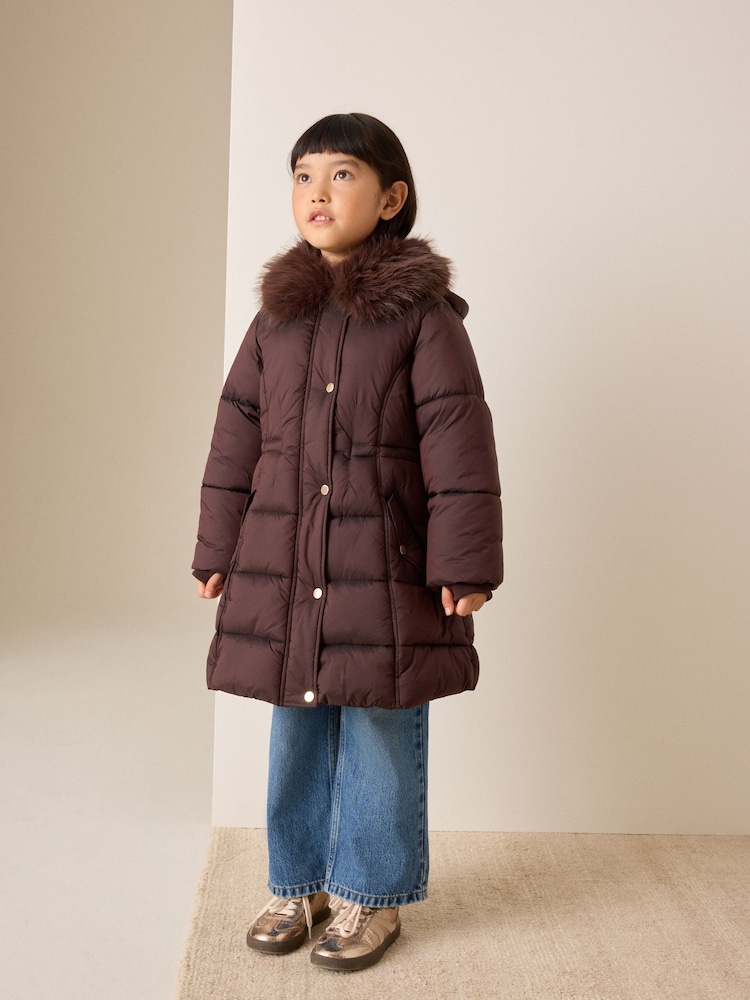 Chocolate Brown Faux Fur Collar Padded Shower Resistant Coat (3-16yrs) - Image 2 of 12 Chocolate Brown Faux Fur Collar Padded Shower Resistant Coat (3-16yrs) - Image 2 of 12