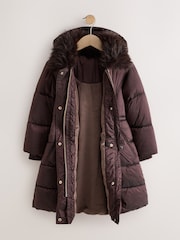 Chocolate Brown Faux Fur Collar Padded Shower Resistant Coat (3-16yrs) - Image 7 of 12