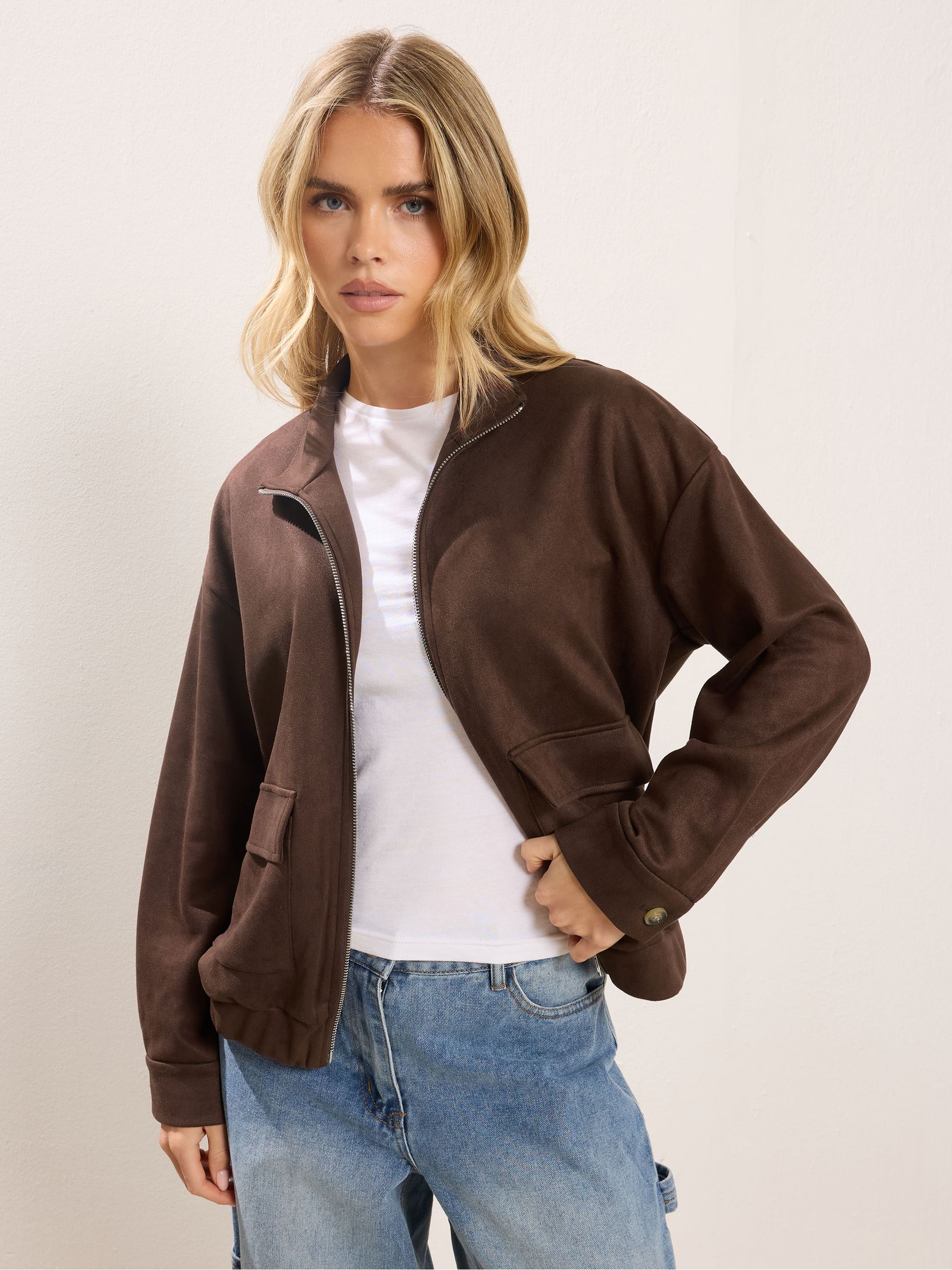 PixieGirl Women's Petite Faux Suede Bomber Jacket in Chocolate | Size: 6 - Image 3