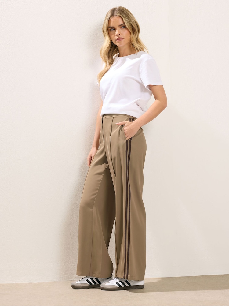 PixieGirl Petite Brown Side Stripe Wide Leg Trousers - Image 1 of 5