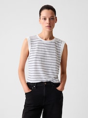Gap White Stripe Linen Blend Sleeveless Tank Top - Image 1 of 4