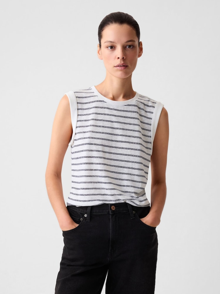 Gap White Stripe Linen Blend Sleeveless Tank Top - Image 1 of 4