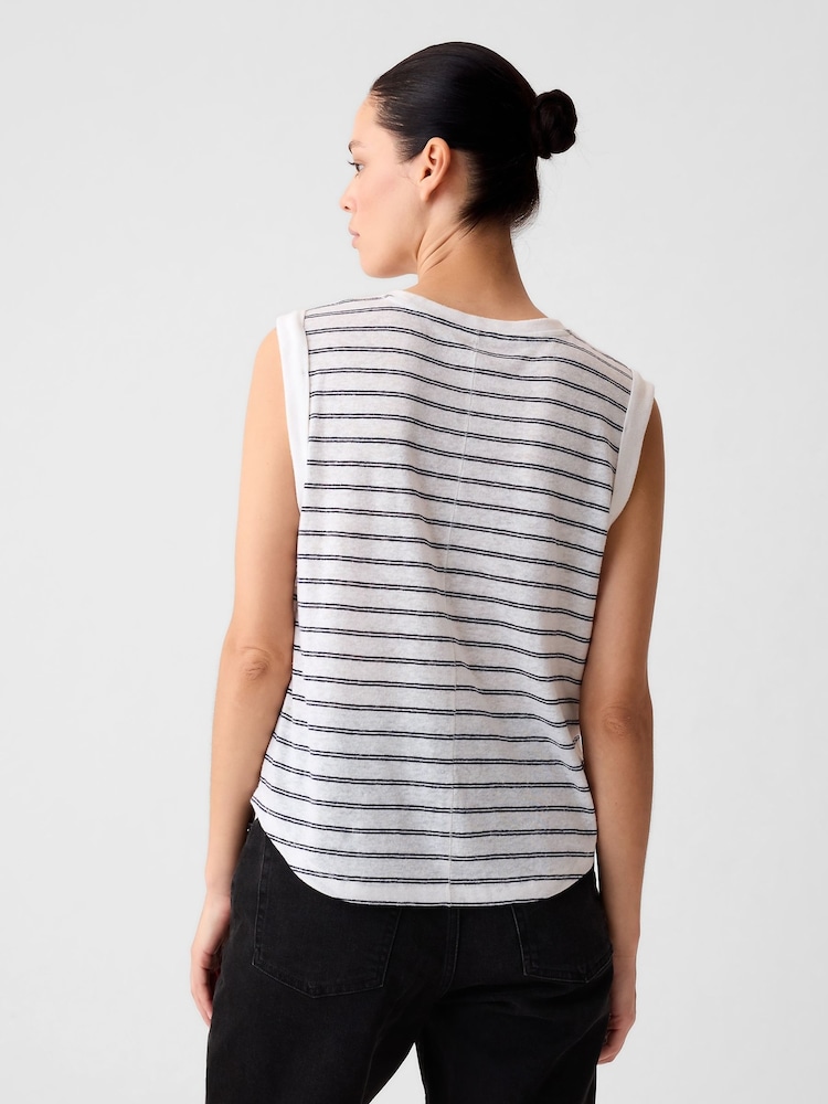 Gap White Stripe Linen Blend Sleeveless Tank Top - Image 2 of 4 Gap White Stripe Linen Blend Sleeveless Tank Top - Image 2 of 4