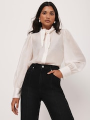 Mint Velvet White Pearl Trim Tie Neck Blouse - Image 1 of 8