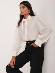 Mint Velvet White Pearl Trim Tie Neck Blouse - Image 2 of 8