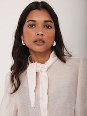 Mint Velvet White Pearl Trim Tie Neck Blouse - Image 3 of 8