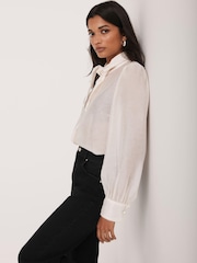 Mint Velvet White Pearl Trim Tie Neck Blouse - Image 5 of 8