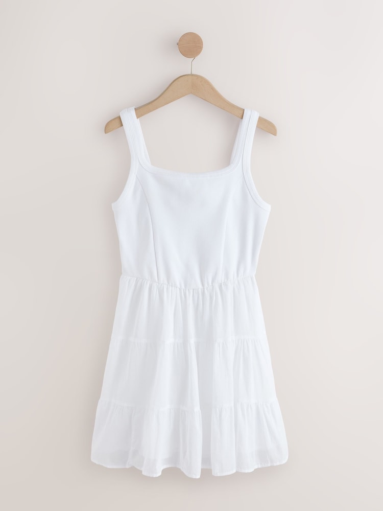 白色 - 方領迷你分層夏季連身裙 - 圖片 1/3