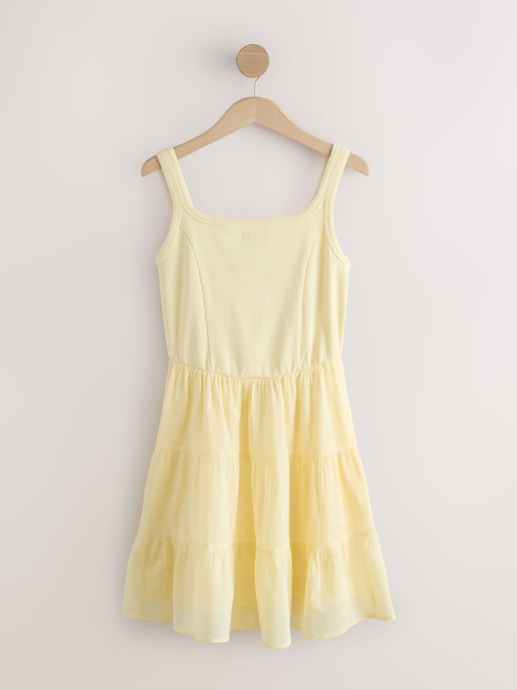 Pastel Yellow Square Neck Mini Tiered Summer Dress - Image 1 of 3