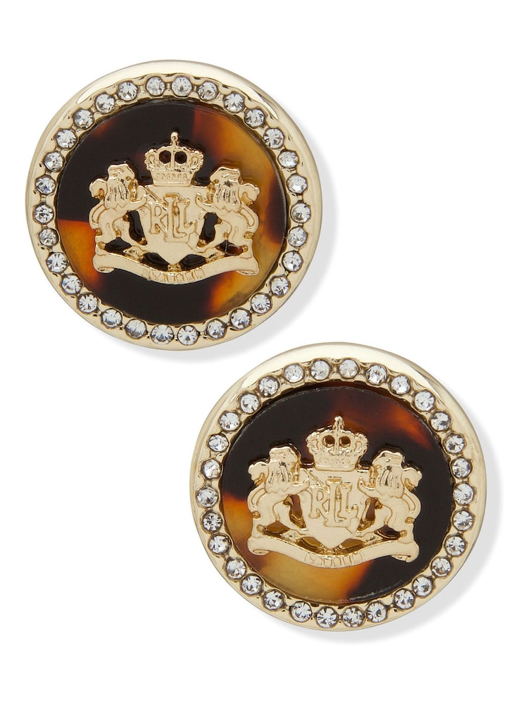 Lauren Ralph Lauren Gold Tone Tort Crest Stud Earrings with Crystal - Image 1 of 2 Lauren Ralph Lauren Gold Tone Tort Crest Stud Earrings with Crystal - Image 1 of 2
