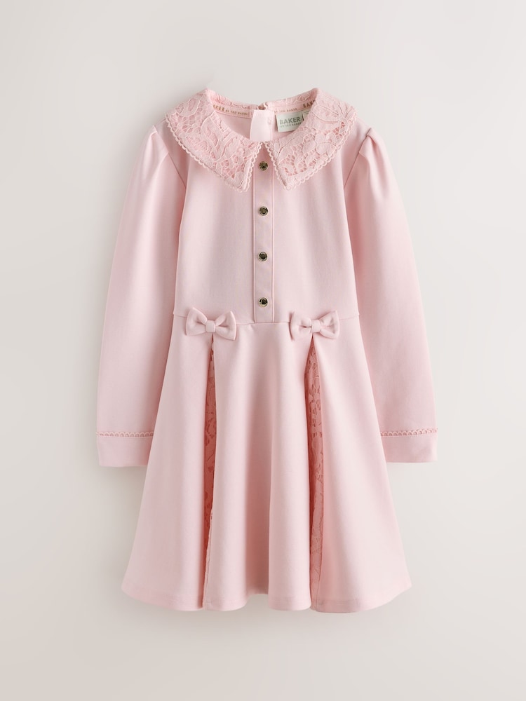 Baker by Ted Baker Pink Lace Collar Pleated Ponte Dress - Image 1 of 7