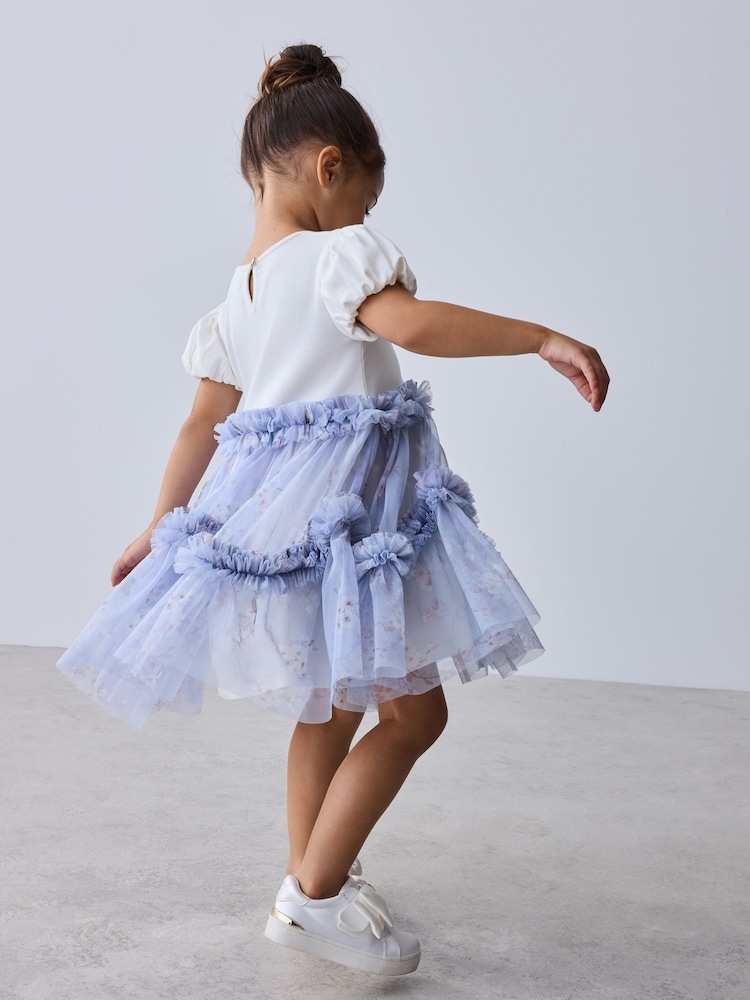 Baker by Ted Baker Pale Blue Floral Ruffle Mesh Tiered Mockable Dress - Image 2 of 12