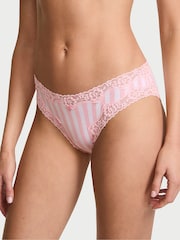 Victoria's Secret Pretty Blossom Pink Stripes Bikini Cotton Lace Waist Knickers - Image 1 of 3