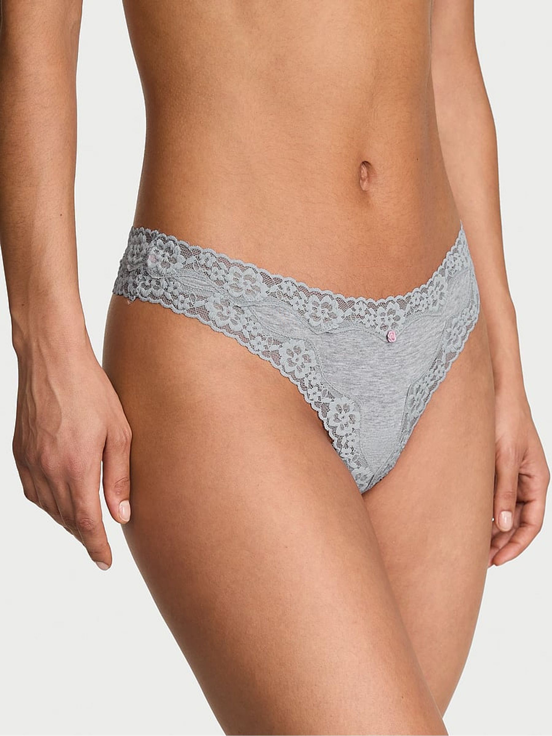 Victoria's Secret Medium Heather Grey Thong Cotton Lace Waist Knickers