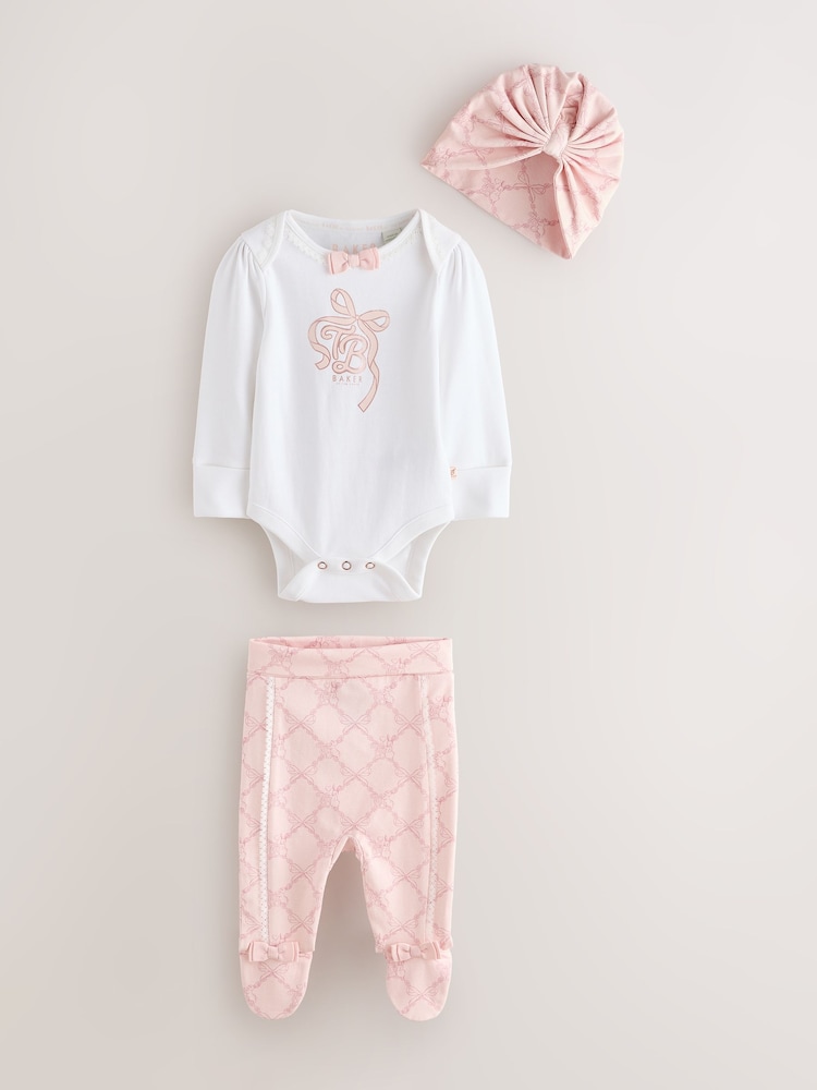Baker by Ted Baker Pink 3 Piece Bodysuit, Monogram Printed Leggings & Turban Set - Image 1 of 13 Baker by Ted Baker Pink 3 Piece Bodysuit, Monogram Printed Leggings & Turban Set - Image 1 of 13