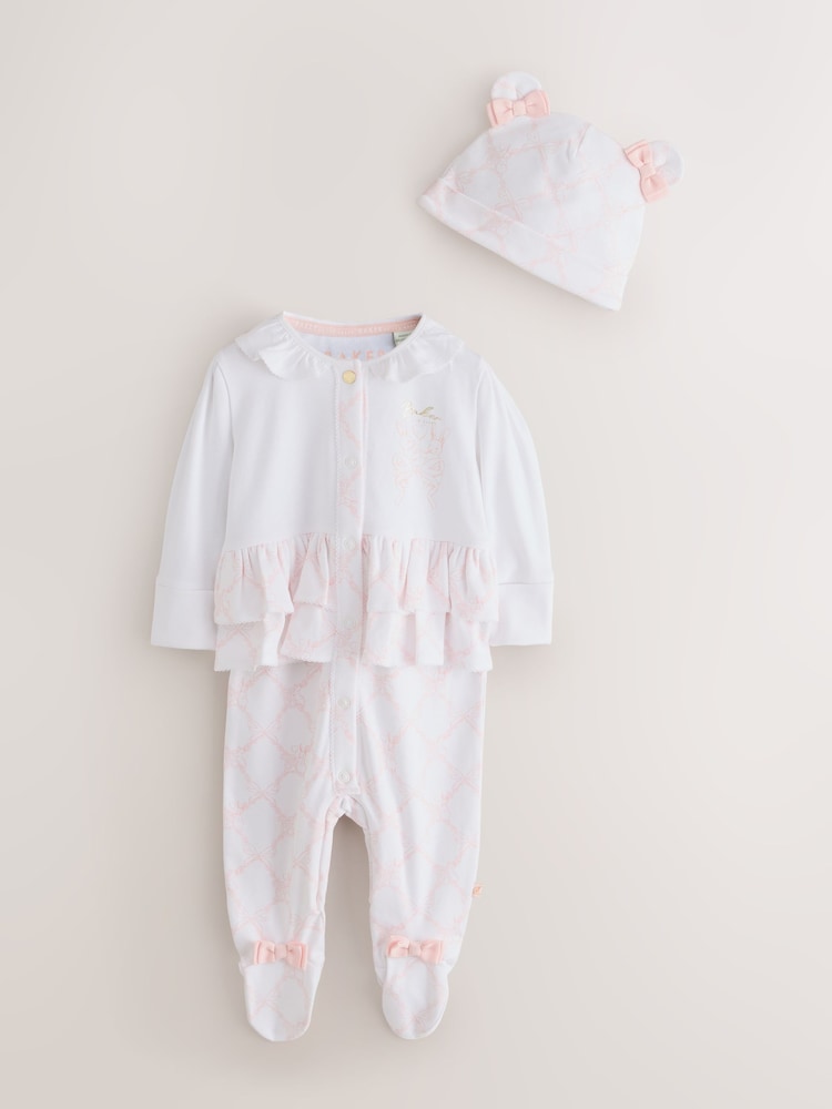 Baker by Ted Baker White/Pink Peplum Frill Sleepsuit & Hat Set - Image 1 of 8 Baker by Ted Baker White/Pink Peplum Frill Sleepsuit & Hat Set - Image 1 of 8