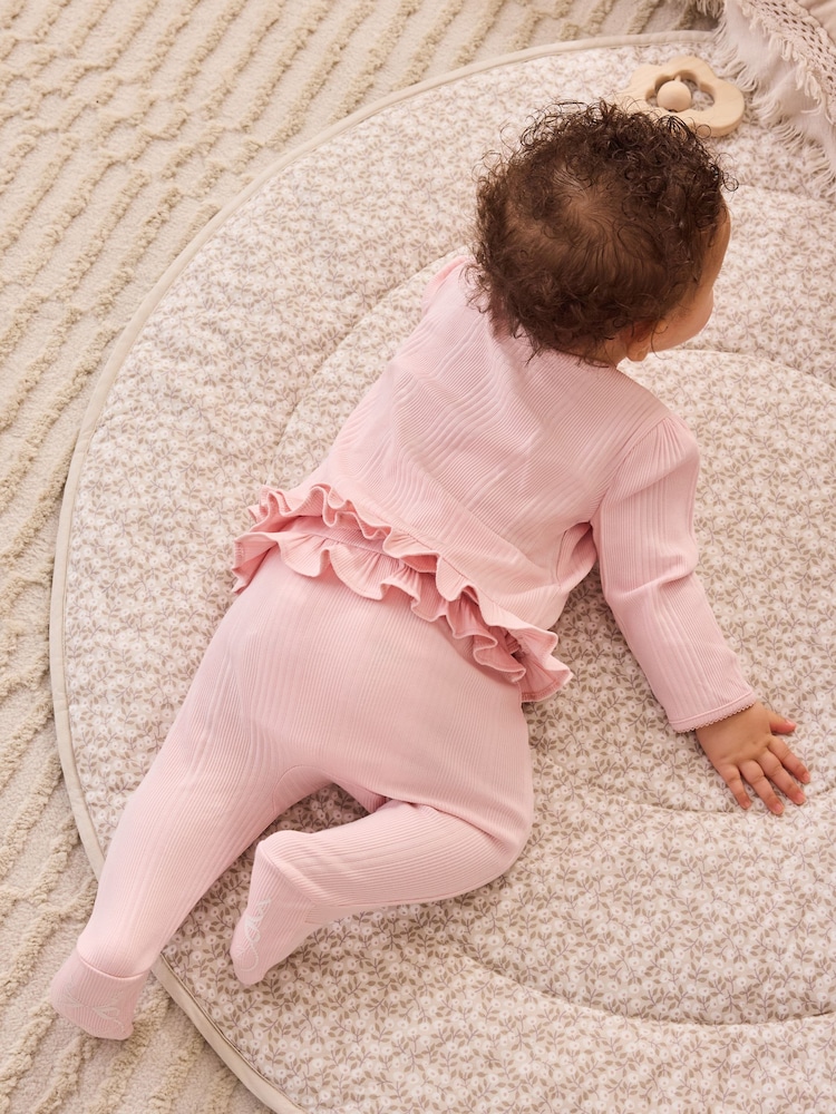 Baker by Ted Baker Pink Frill Wrap-Over Top & Footed Legging Set 2 Piece - Image 2 of 14 Baker by Ted Baker Pink Frill Wrap-Over Top & Footed Legging Set 2 Piece - Image 2 of 14