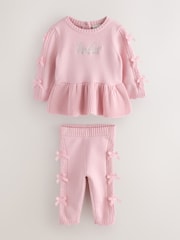 Baker by Ted Baker Pale Pink Knitted Bow Peplum Top & Leggings Set 2 Piece - Image 1 of 6
