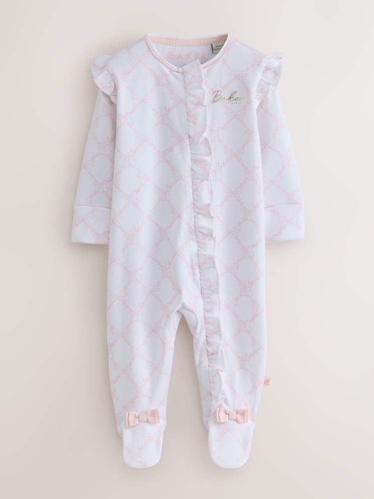 Baker by Ted Baker White/Pink Cotton Printed Sleepsuits 3 Pack - Image 2 of 9 Baker by Ted Baker White/Pink Cotton Printed Sleepsuits 3 Pack - Image 2 of 9