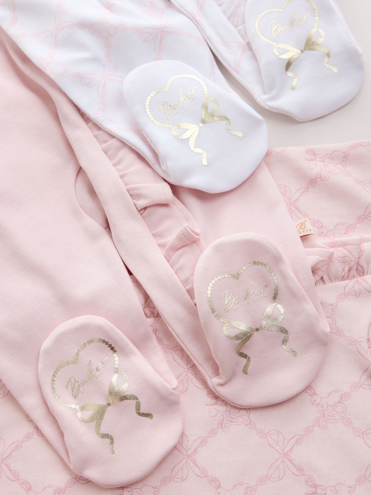 Baker by Ted Baker White/Pink Cotton Printed Sleepsuits 3 Pack - Image 9 of 9 Baker by Ted Baker White/Pink Cotton Printed Sleepsuits 3 Pack - Image 9 of 9
