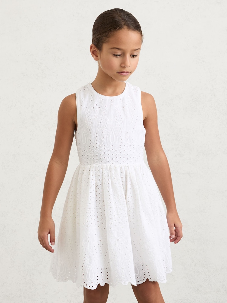 Reiss White Malia 9-13 yrs Cotton Broderie Cross-Back Dress - Image 1 of 5 Reiss White Malia 9-13 yrs Cotton Broderie Cross-Back Dress - Image 1 of 5