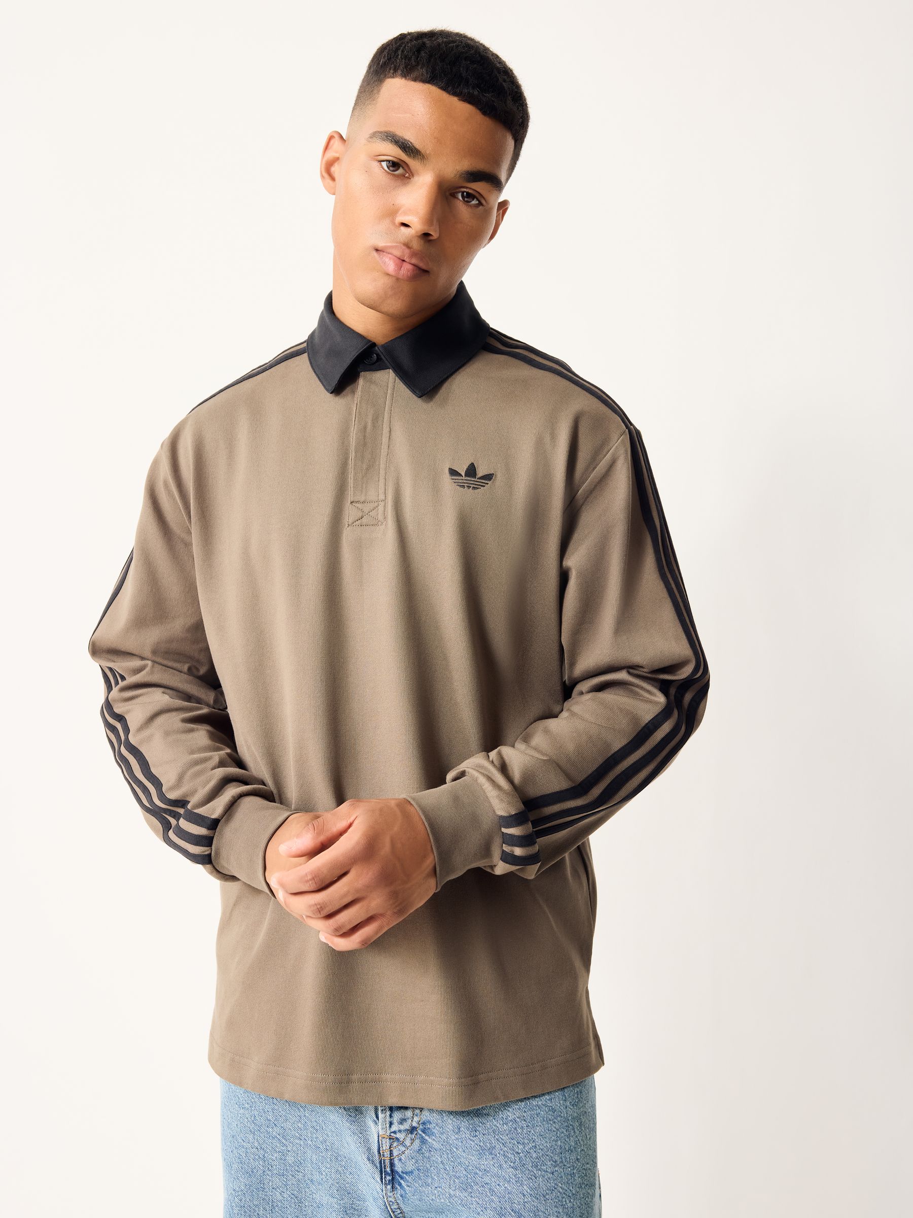 Buy adidas Originals Brown 3 Stripes Rugby Long Sleeve Polo Shirt