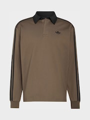 adidas Originals Brown 3 Stripes Rugby Long Sleeve Polo Shirt - Image 1 of 1