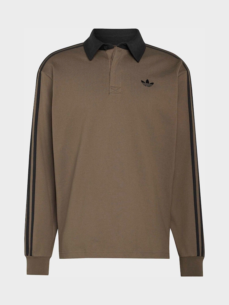 adidas Originals Brown 3 Stripes Rugby Long Sleeve Polo Shirt - Image 1 of 1 adidas Originals Brown 3 Stripes Rugby Long Sleeve Polo Shirt - Image 1 of 1