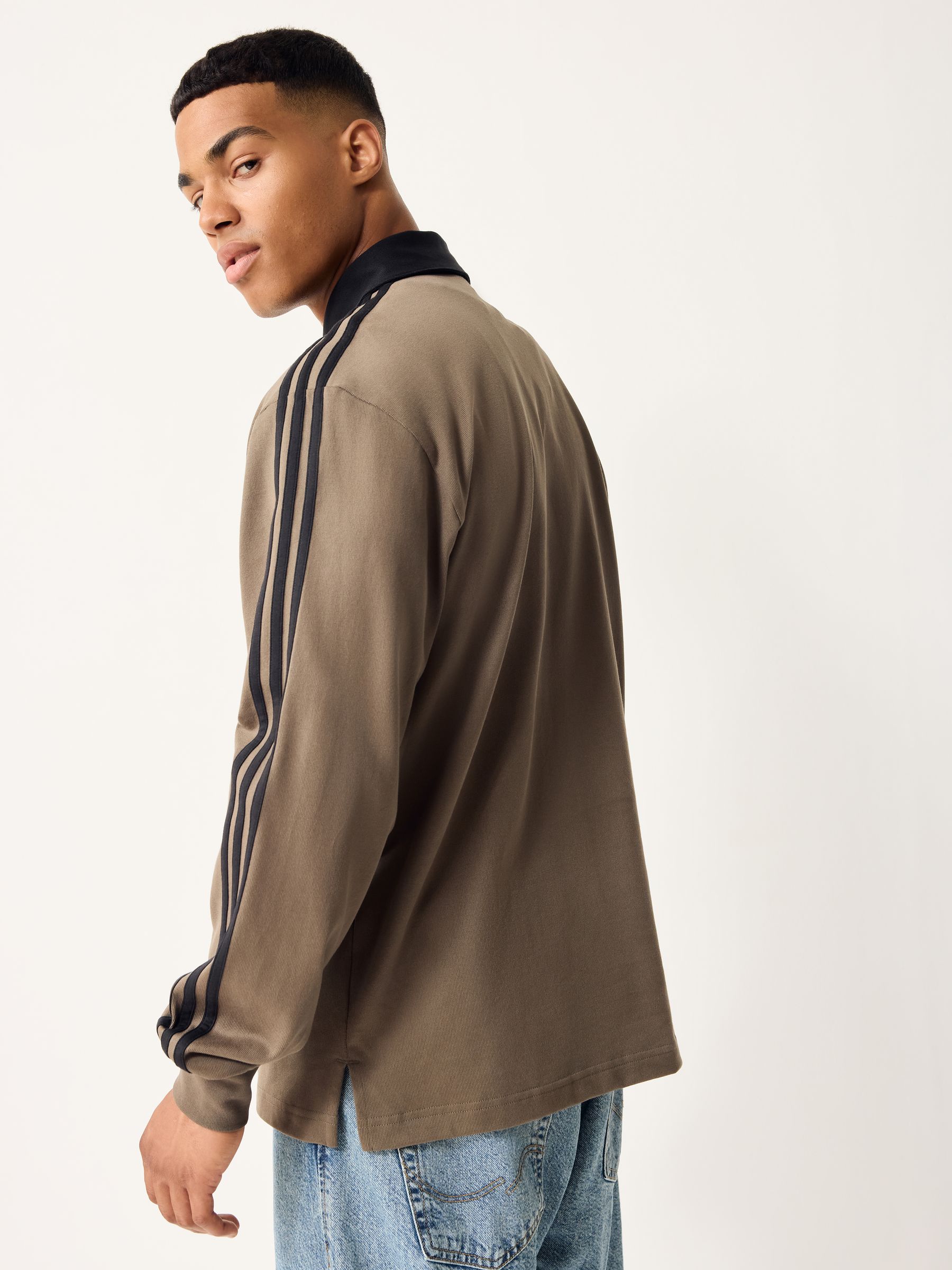 Buy adidas Originals Brown 3 Stripes Rugby Long Sleeve Polo Shirt