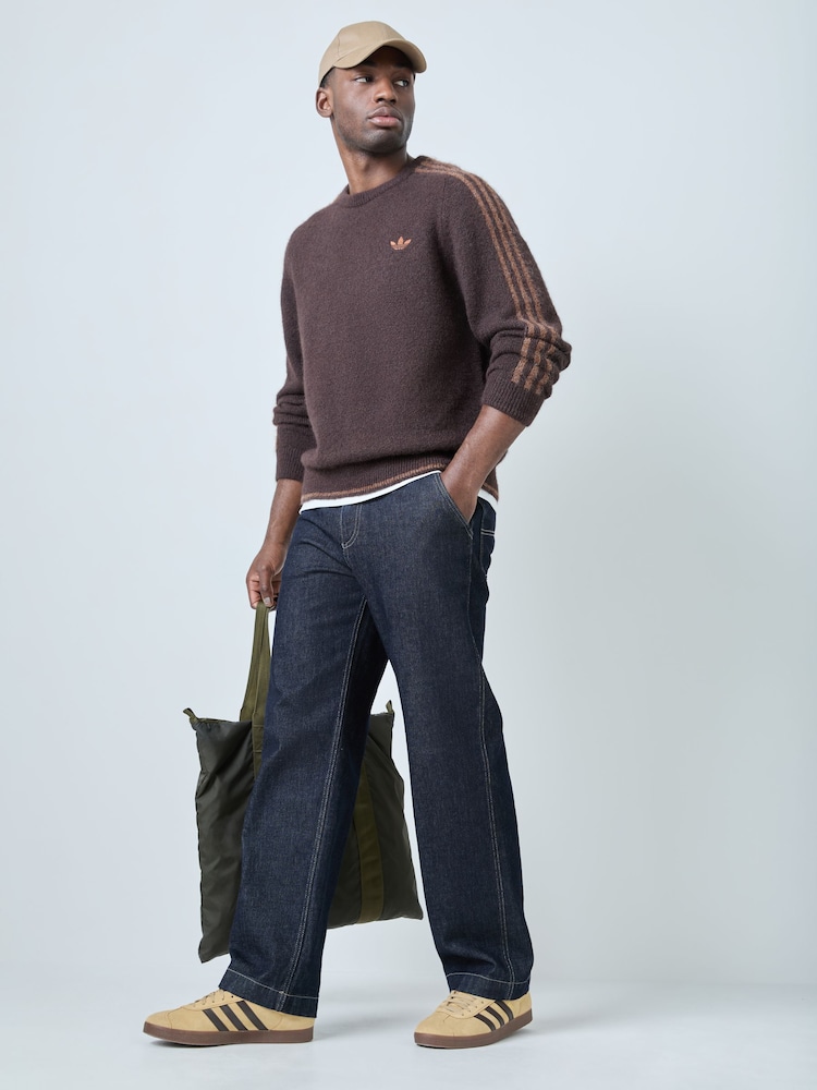 adidas Originals Brown 3S Knit Crew Neck Sweat Top - Image 2 of 6 adidas Originals Brown 3S Knit Crew Neck Sweat Top - Image 2 of 6