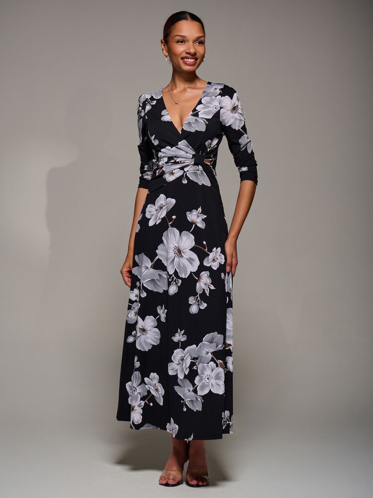Jolie Moi Black Jersey Ruched Waist Fit & Flare Maxi Dress - Image 1 of 6