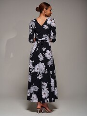 Jolie Moi Black Jersey Ruched Waist Fit & Flare Maxi Dress - Image 2 of 6