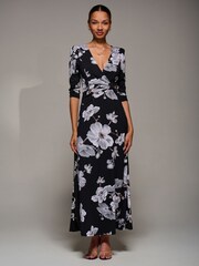 Jolie Moi Black Jersey Ruched Waist Fit & Flare Maxi Dress - Image 4 of 6