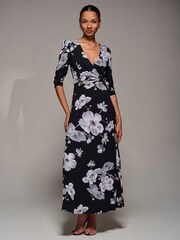 Jolie Moi Black Jersey Ruched Waist Fit & Flare Maxi Dress - Image 6 of 6