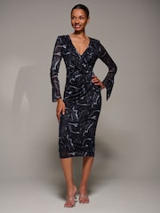 Jolie Moi Black Ruffle V-Neckline Mesh Bodycon Midaxi Dress - Image 1 of 6