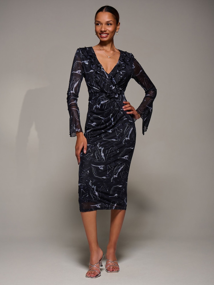 Jolie Moi Black Ruffle V-Neckline Mesh Bodycon Midaxi Dress - Image 1 of 6