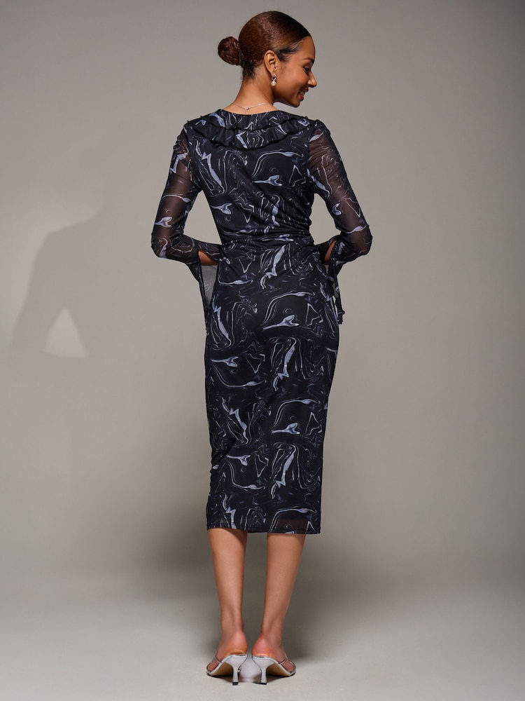 Jolie Moi Black Ruffle V-Neckline Mesh Bodycon Midaxi Dress - Image 2 of 6